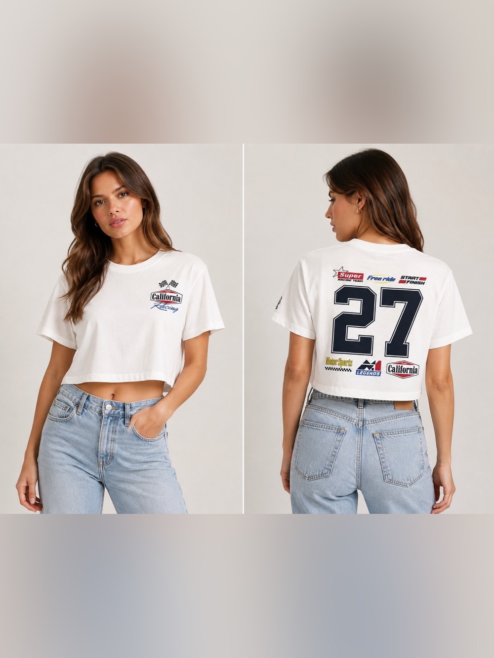 Womens white boxy t-shirt California Racing Graphic Tee Large cropped sporty
